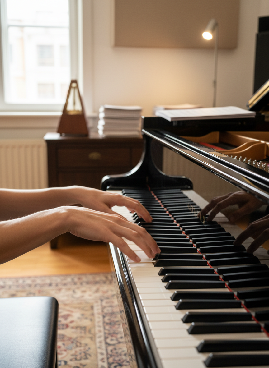 A polished ebony grand piano with its lid partially open, revealing gleaming strings and hammers, stands prominently in a cozy private music studio. The piano’s keys are shown in crisp detail, with a close foreground focus on finely shaped, expressive hands pressing a broken chord pattern, capturing subtle motion blur at the fingertips. The surrounding space features warm wood flooring, neatly organized sheet music, and a softly lit metronome on a nearby cabinet. Gentle afternoon window light and a discreet floor lamp create a warm, professional atmosphere. Photographic realism at eye level, with shallow depth of field isolating the hands and keys while the rest of the studio softly fades into a clean, inviting bokeh background, conveying concentration, encouragement, and one-on-one instruction without showing faces or full bodies.