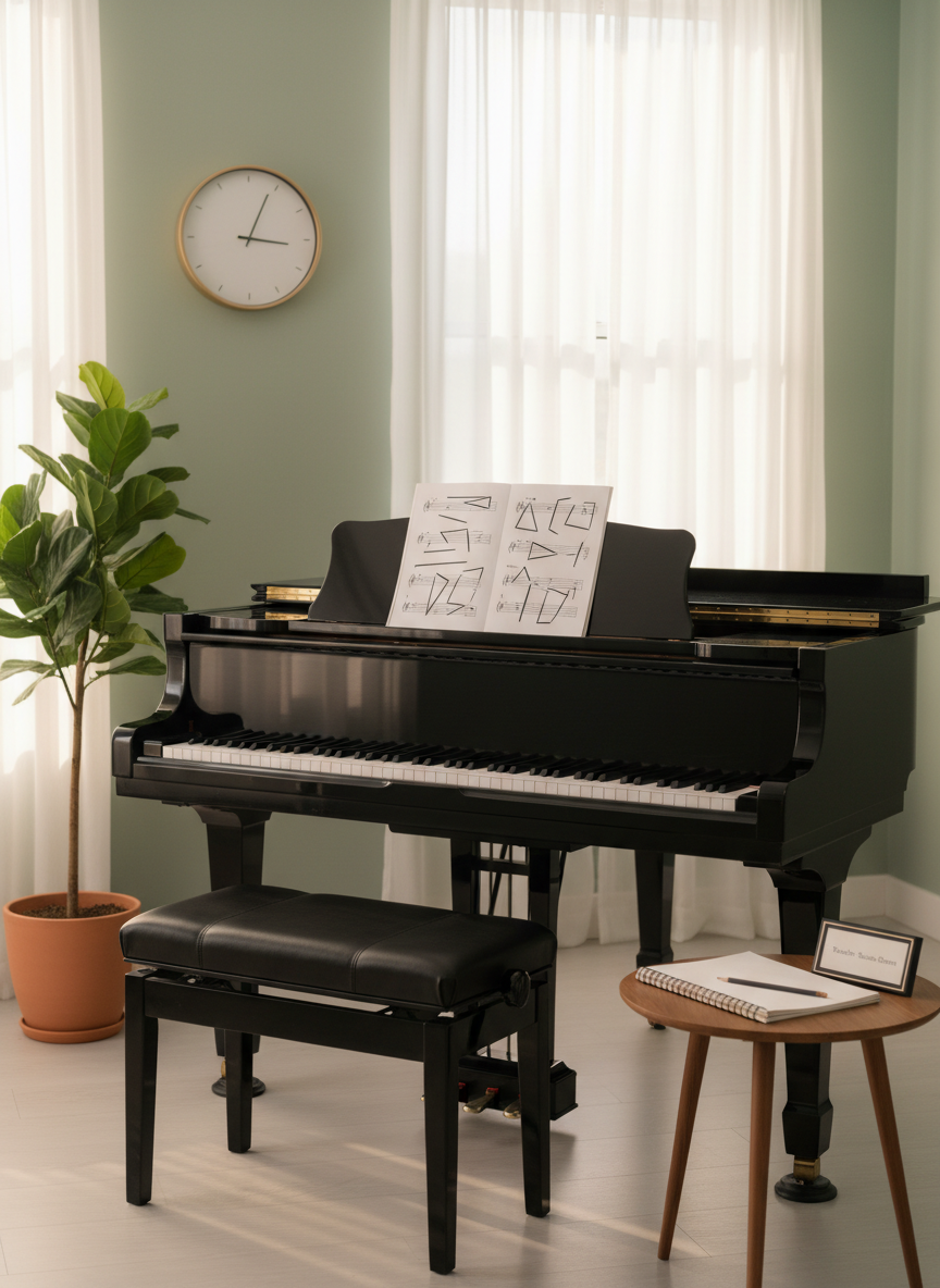 A serene, professional piano studio set up for a one-on-one lesson, captured in photographic realism. An elegant black digital piano sits against a softly colored wall, its display off to maintain a classic look, with a cushioned adjustable bench pulled slightly back. On the stand, open chord charts and classical-style notation are visible as abstract lines and shapes without legible text. The room includes a small clock, a tasteful plant, and a tidy side table holding a notebook and pencil for tracking progress. Natural late-afternoon light filters through sheer curtains, creating a gentle glow on the instrument and a subtle reflection on the keys. Shot at eye level with balanced composition, the space feels quiet, focused, and ready for a private lesson with teacher Susan Storm, emphasizing professionalism and comfort without showing any people.