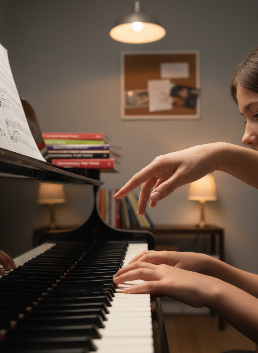 A close-up, cinematic photograph of a student’s small hands learning chord shapes on a softly gleaming ivory-and-black keyboard, guided by a second pair of experienced, confident hands positioned just above. The keys show subtle reflections of the hands and nearby sheet music. The background reveals a blurred view of a tidy studio: a soft gray wall, a corkboard with non-readable practice notes, and a shelf with neatly stacked method books for classical and contemporary styles. Warm, diffused overhead lighting and a nearby shaded lamp create gentle shadows that emphasize finger curves and key textures. Shot from a slightly elevated angle with shallow depth of field, the composition focuses tightly on the interaction at the keys, conveying patient guidance, ear-training focus, and a calm, structured learning environment.